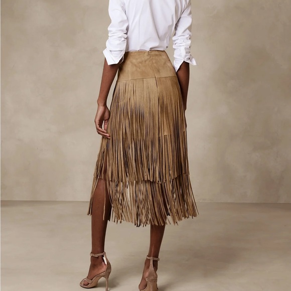 Banana Republic Tan Suede Fringe Midi Skirt - Picture 2 of 6